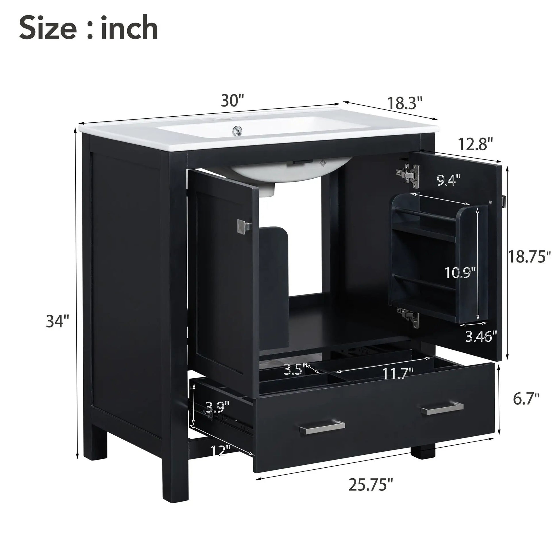 Bathroom vanity with single undermount sink, black wood cabinet with white top, soft closing on Tampa Home & Garden Store