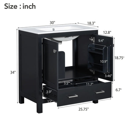 Bathroom vanity with single undermount sink, black wood cabinet with white top, soft closing on Tampa Home & Garden Store