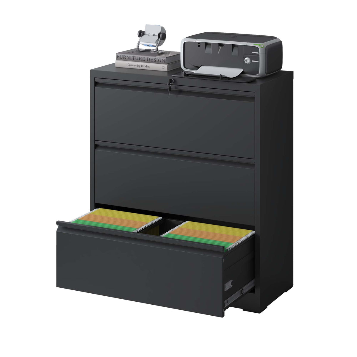Premium Drawer Metal Lateral File Cabinet with Lock in black by HouseOfZazla printer and books on Tampa Home & Garden Store