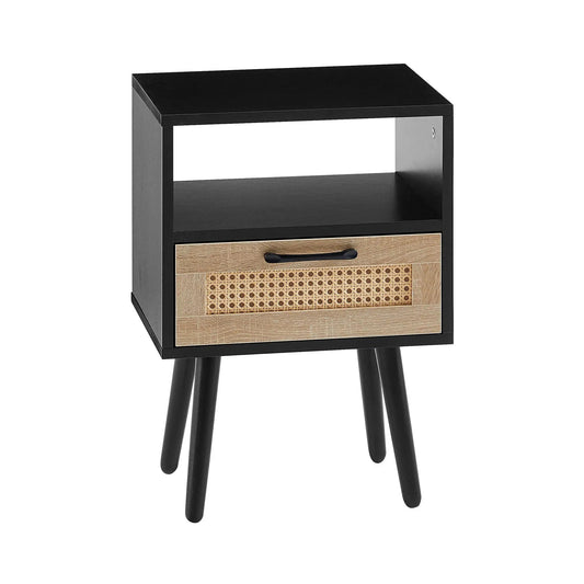 Rattan-front end table with drawer, black frame, open lower shelf, mid-century legs on Tampa Home & Garden Store