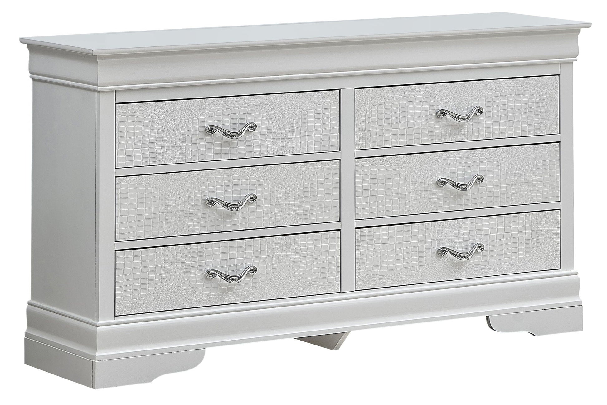 Lorana dresser by HouseOfZazla, white crocodile-textured drawer fronts with silver handles on Tampa Home & Garden Store