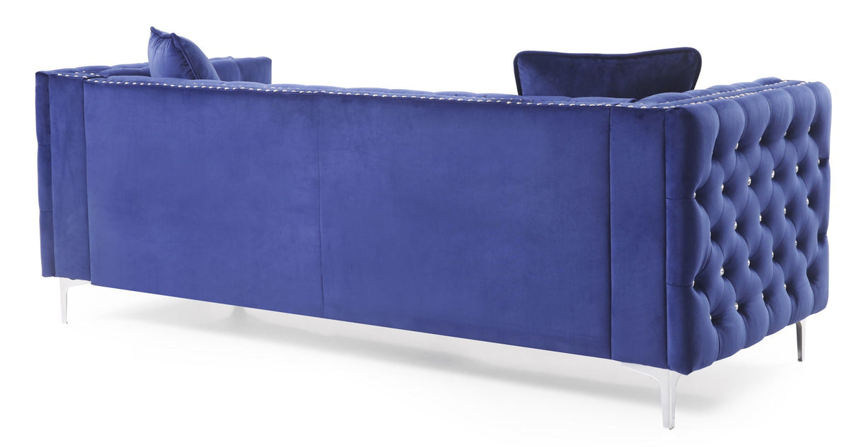 Paige blue velvet sofa by HouseOfZazla, tufted back and sides, nailhead trim, chrome legs on Tampa Home & Garden Store