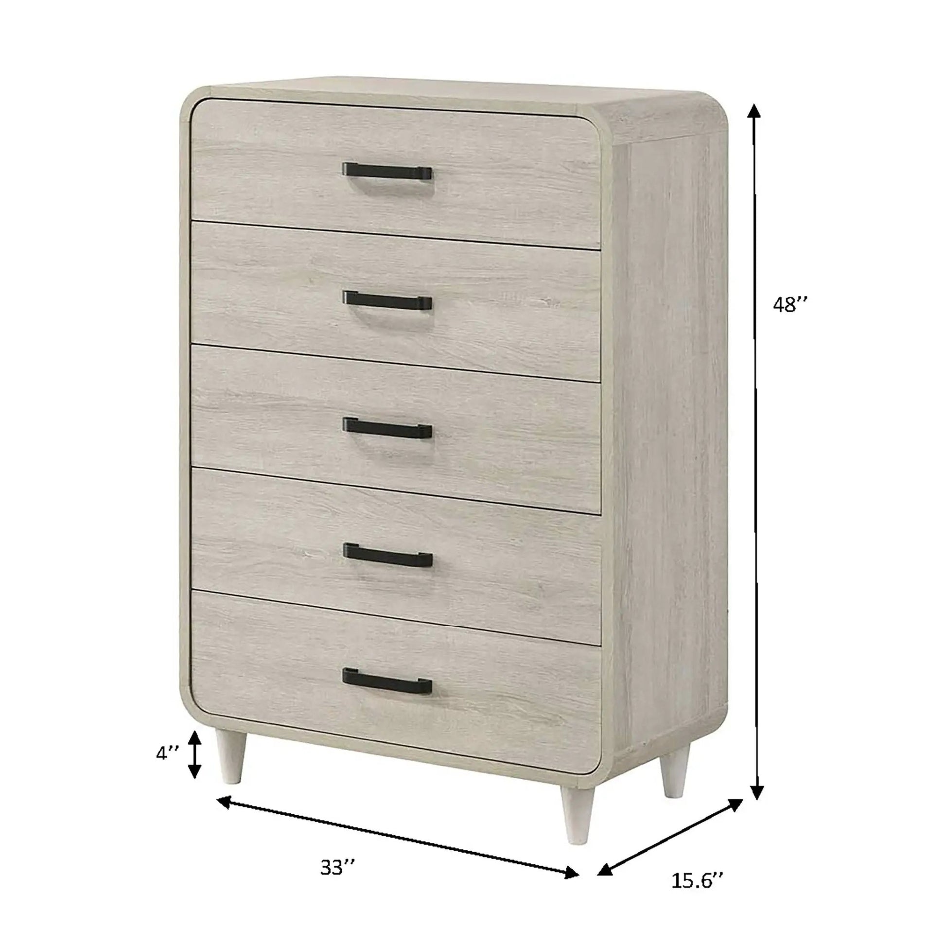 5-drawer tall accent chest in antique white with black bar pulls; rounded corners, tapered legs on Tampa Home & Garden Store