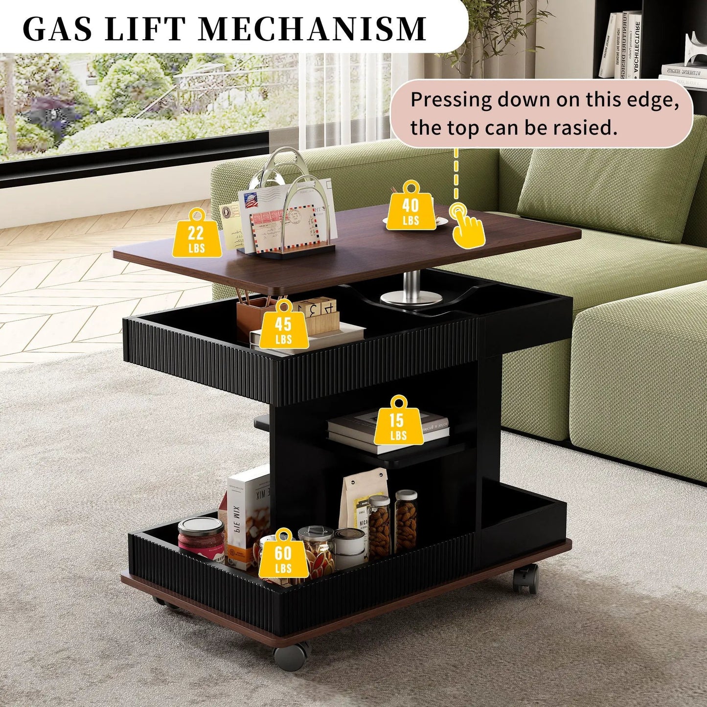 Adjustable end table with wheels, black wood-top with 360° rotating top and storage on Tampa Home & Garden Store