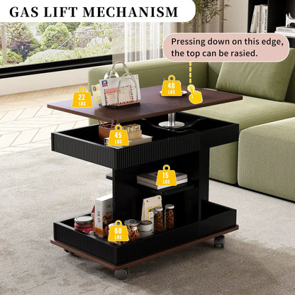 Adjustable end table with wheels, black wood-top with 360° rotating top and storage on Tampa Home & Garden Store