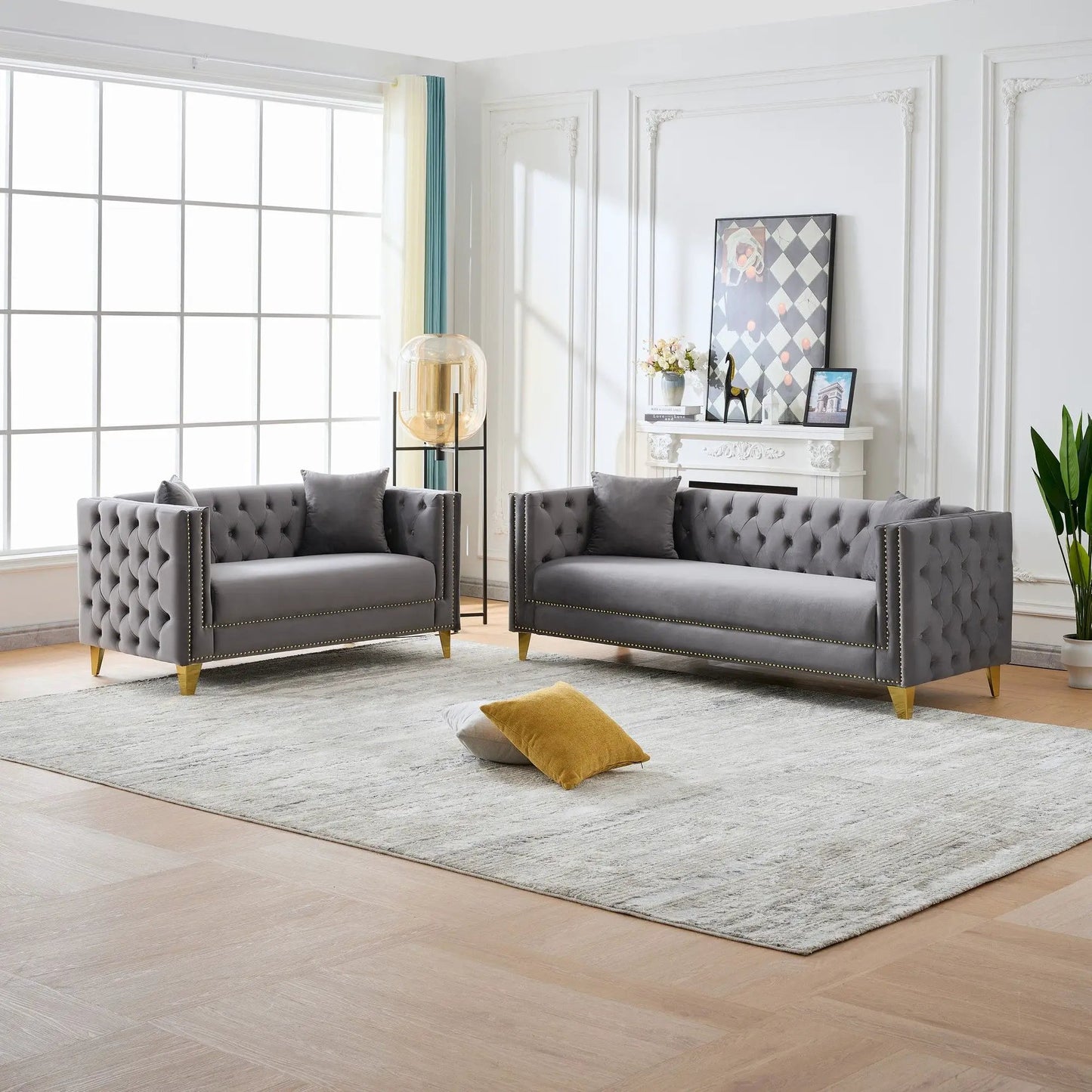 Deep-seat gray sofa with square arms and nailhead trim; 2-piece set on Tampa Home & Garden Store