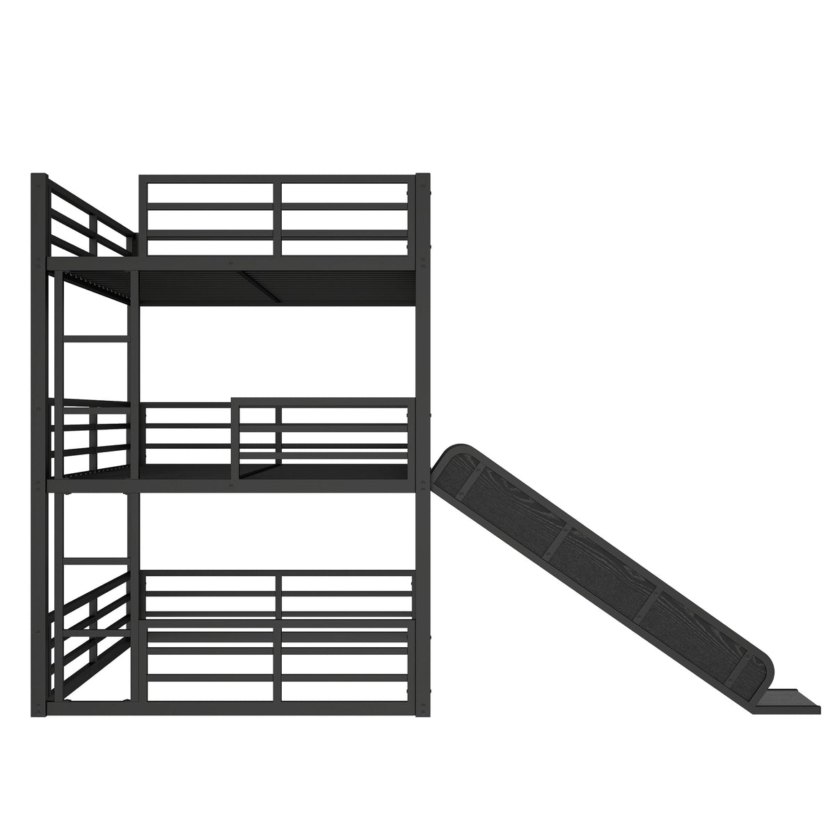 HouseOfZazla Full Over Full Over Full Bunk Bed with Slide, black metal frame on Tampa Home & Garden Store