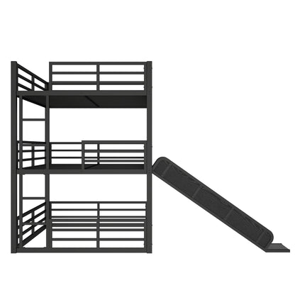 HouseOfZazla Full Over Full Over Full Bunk Bed with Slide, black metal frame on Tampa Home & Garden Store