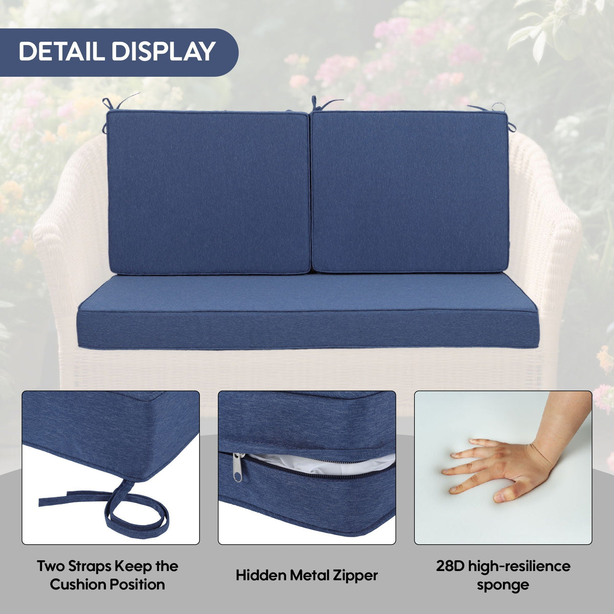 Deep-seat navy waterproof back & seat cushions by HouseOfZazla with high-resilience foam on Tampa Home & Garden Store