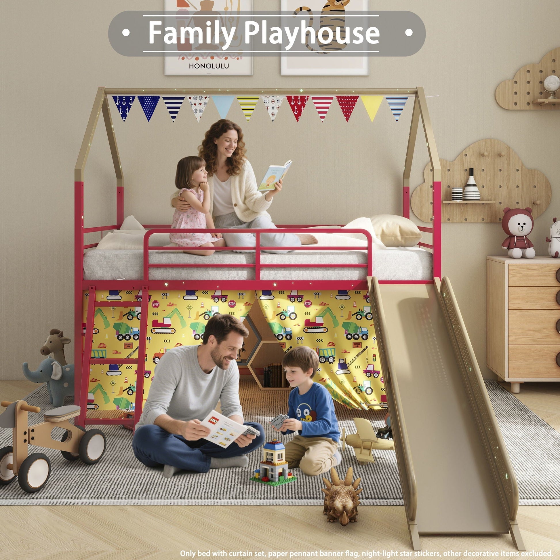 Jack Loft Bed with Slide and Curtain Set by HouseOfZazla, pink frame with natural wood on Tampa Home & Garden Store