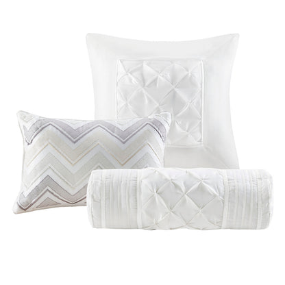 7 Piece Tufted Comforter Set White quilted bedding with pillow and bolster 3-piece display on Tampa Home & Garden Store