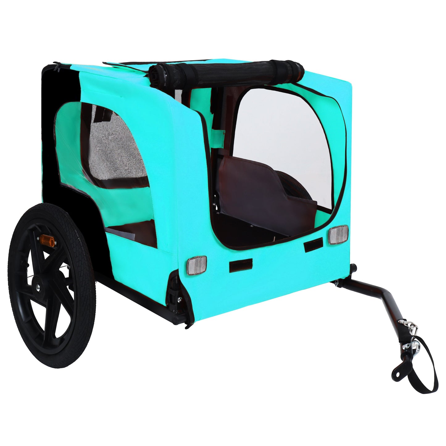 Pet bike trailer for small to medium dogs, turquoise fabric with clear window and rolled canopy on Tampa Home & Garden Store