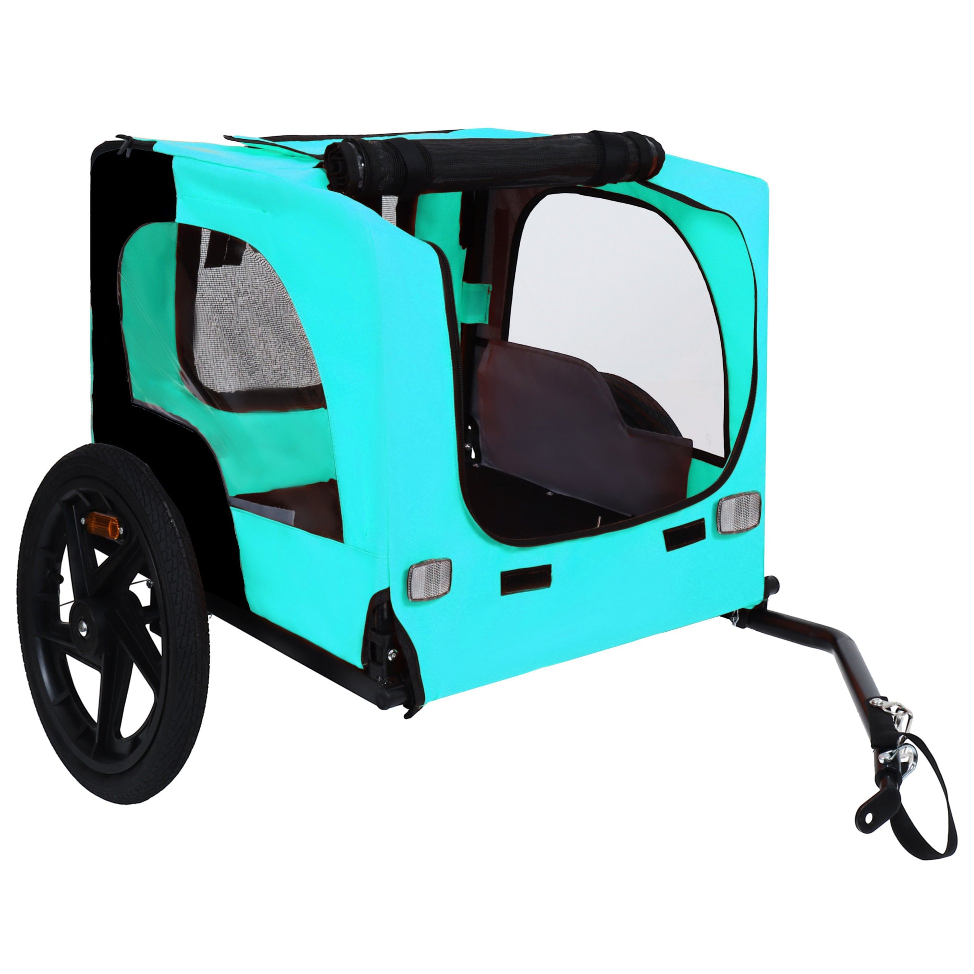 Pet bike trailer for small to medium dogs, turquoise fabric with clear window and rolled canopy on Tampa Home & Garden Store