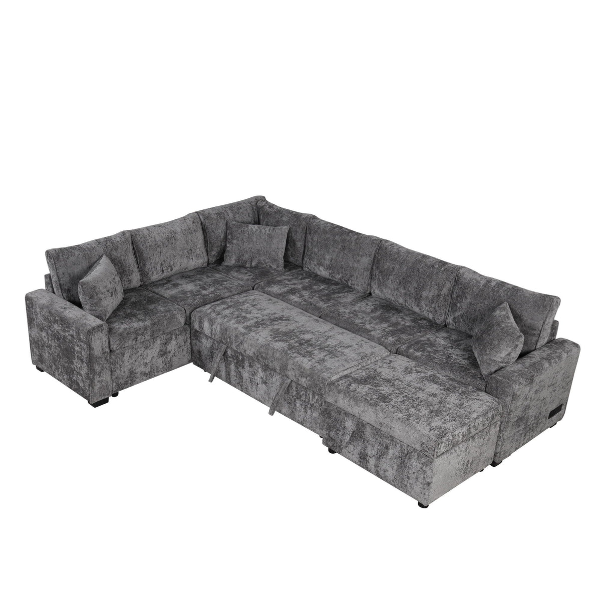 Sleeper sectional sofa in gray textured fabric with storage ottoman and three pillows on Tampa Home & Garden Store