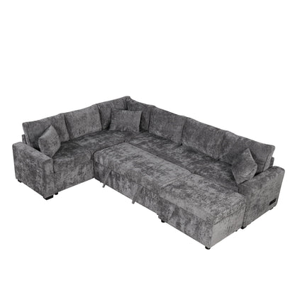 Sleeper sectional sofa in gray textured fabric with storage ottoman and three pillows on Tampa Home & Garden Store