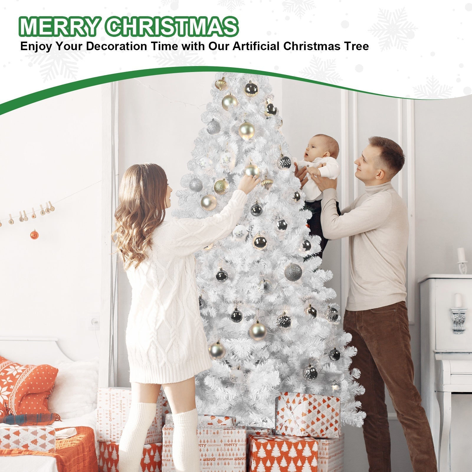 7ft white Christmas tree with memory wire and 1064tips decorated with silver ornaments by family on Tampa Home & Garden Store