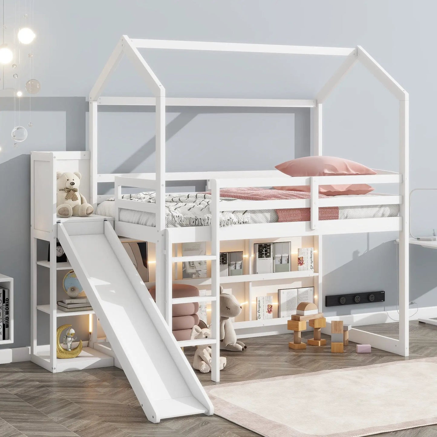 House Loft Bed with Slide and Storage Shelves