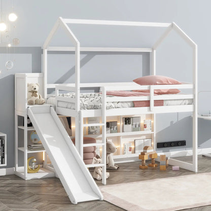 House Loft Bed with Slide and Storage Shelves