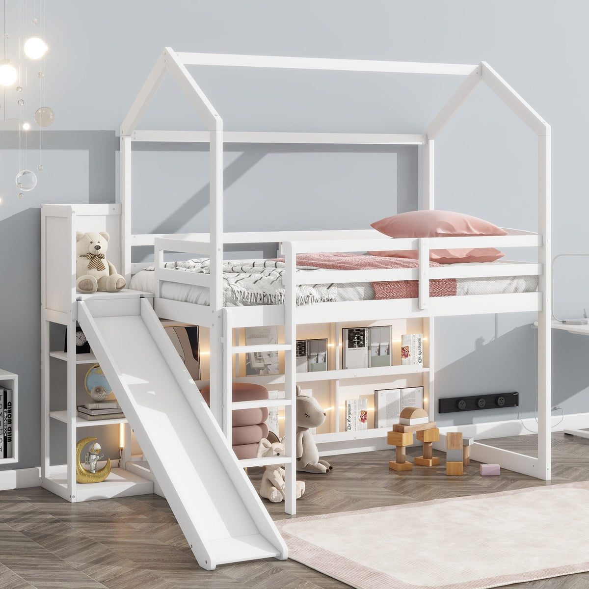 House Loft Bed With Slide by HouseOfZazla, white bed storage shelves and light, climbing ramp on Tampa Home & Garden Store