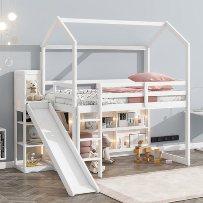 House Loft Bed With Slide by HouseOfZazla, white bed storage shelves and light, climbing ramp on Tampa Home & Garden Store