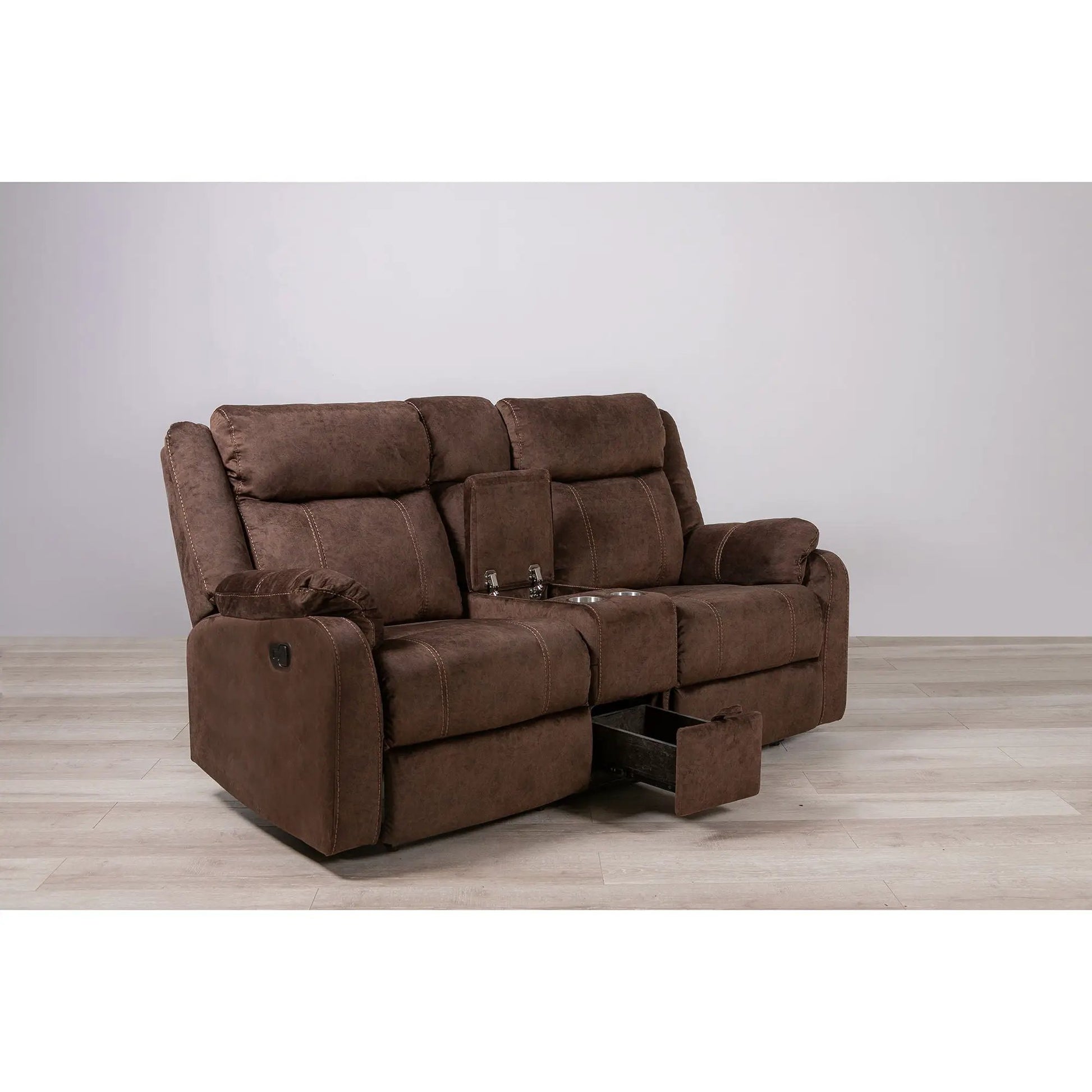Sonet Domino recliner loveseat in brown suede fabric with cup holders and center console on Tampa Home & Garden Store