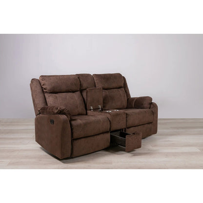 Sonet Domino recliner loveseat in brown suede fabric with cup holders and center console on Tampa Home & Garden Store