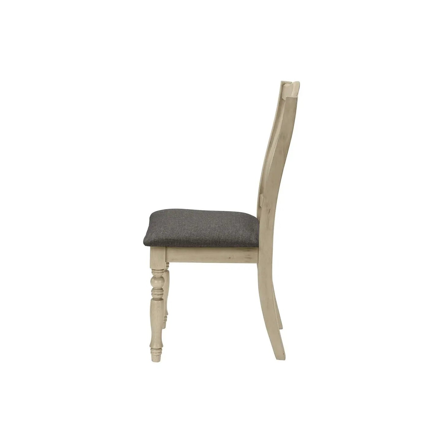 Dining chair upholstered in gray fabric with light distressed wood frame and curved back on Tampa Home & Garden Store
