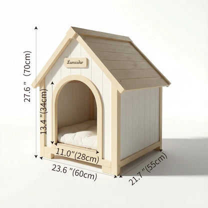 HouseOfZazla Indoor Dog House with Cushion, cream-white wood with light yellow trim for dogs on Tampa Home & Garden Store