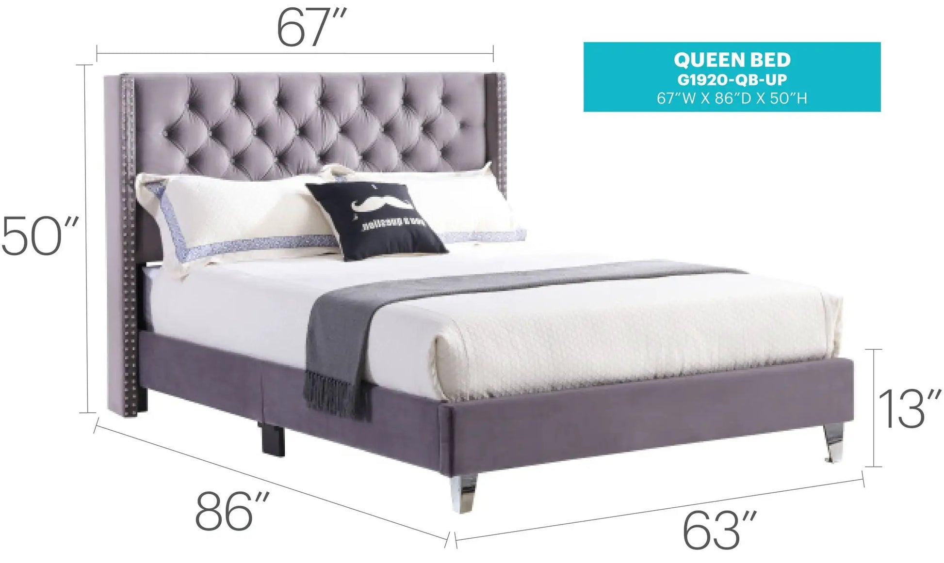 Upholstered Nailhead Trim Chic Bed, tufted purple-gray headboard by Unique Piece Furniture on Tampa Home & Garden Store