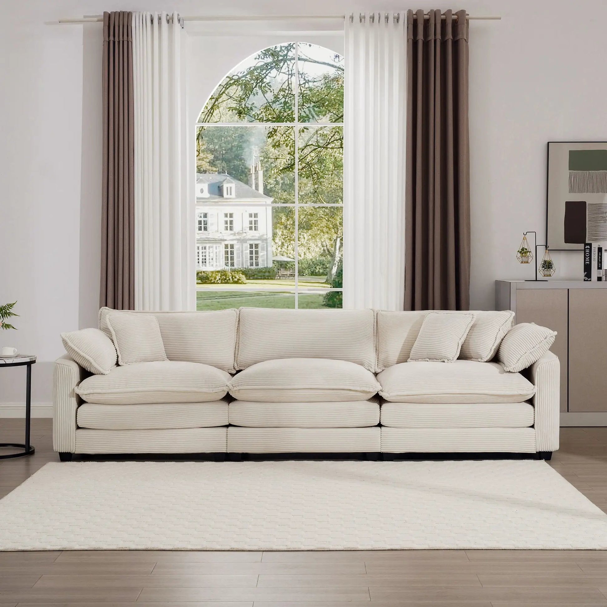 Mid-Century Modern 3 Seater sectional sofa in beige linen with arm and pillows on Tampa Home & Garden Store