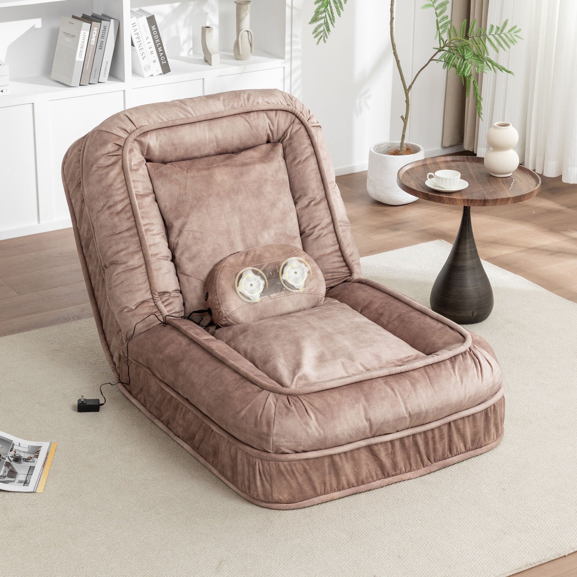 Beige upholstered bean bag floor sofa with massage pillow, 5 positions & 2 pillows on Tampa Home & Garden Store