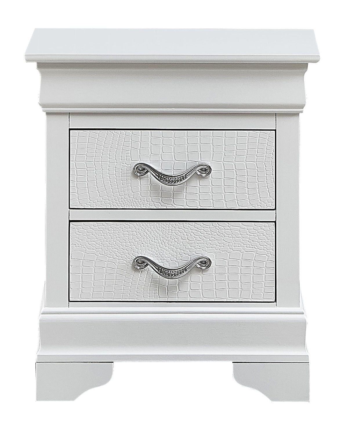 Accent nightstand with textured crocodile fronts and crystal pulls in gray silver black on Tampa Home & Garden Store