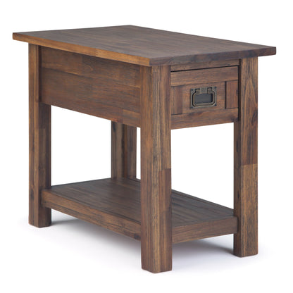 Monroe solid acacia side table with dark brown finish, top and lower shelf, metal hardware on Tampa Home & Garden Store