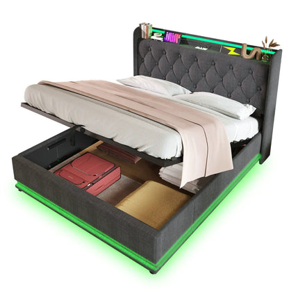 Upholstered storage bed with tufted gray headboard and green LED lighting showing storage on Tampa Home & Garden Store