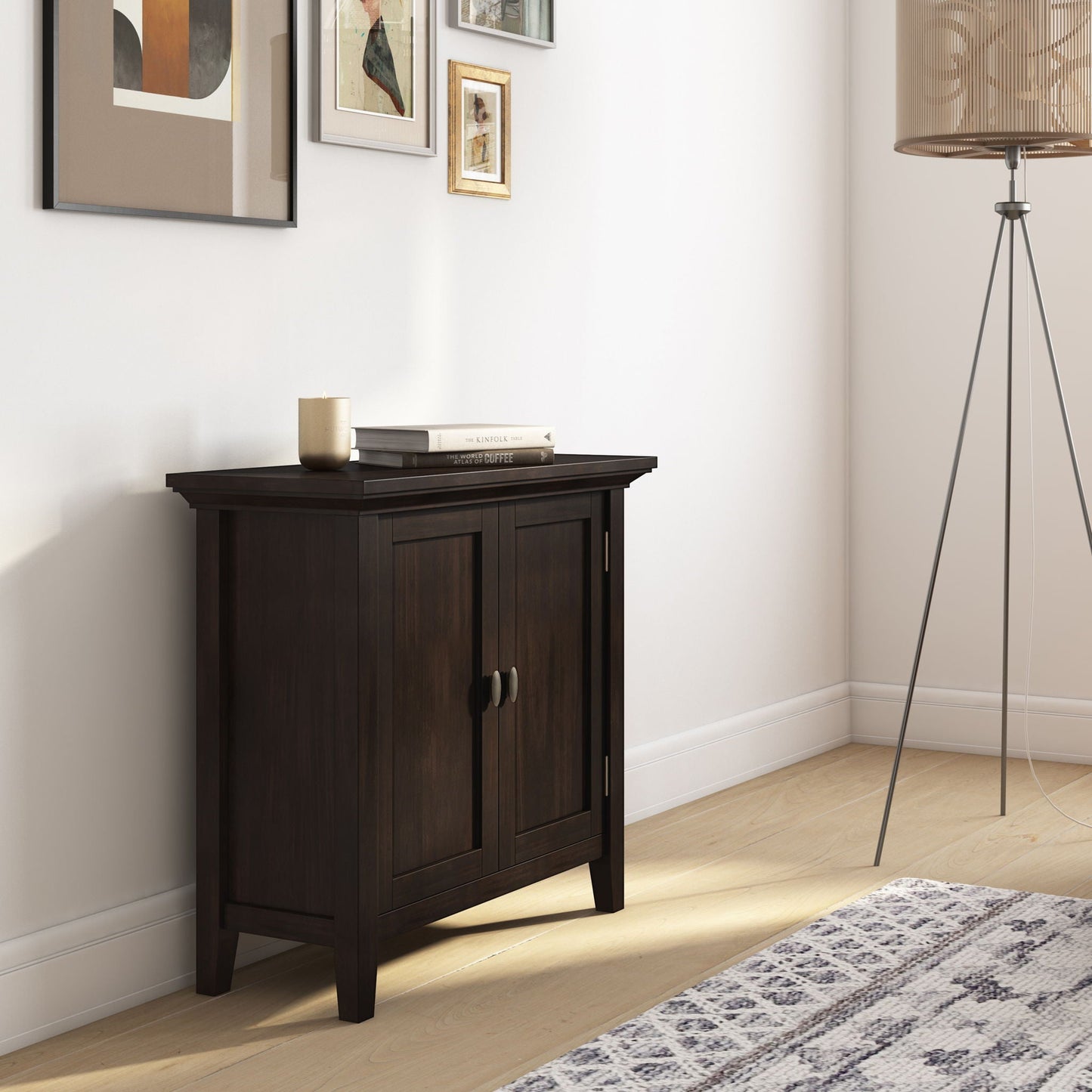 Redmond low storage cabinet brunette brown in dark wood finish, accent cabinet on Tampa Home & Garden Store