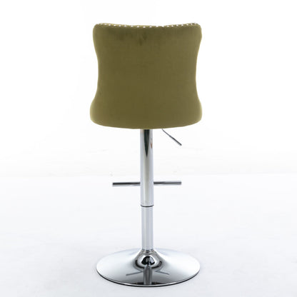 Swivel-height barstool in olive upholstery with nailhead trim and chrome pedestal base on Tampa Home & Garden Store