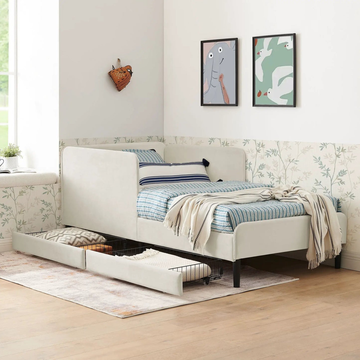 Upholstered Bed Frame With Drawers and Sofa Bed