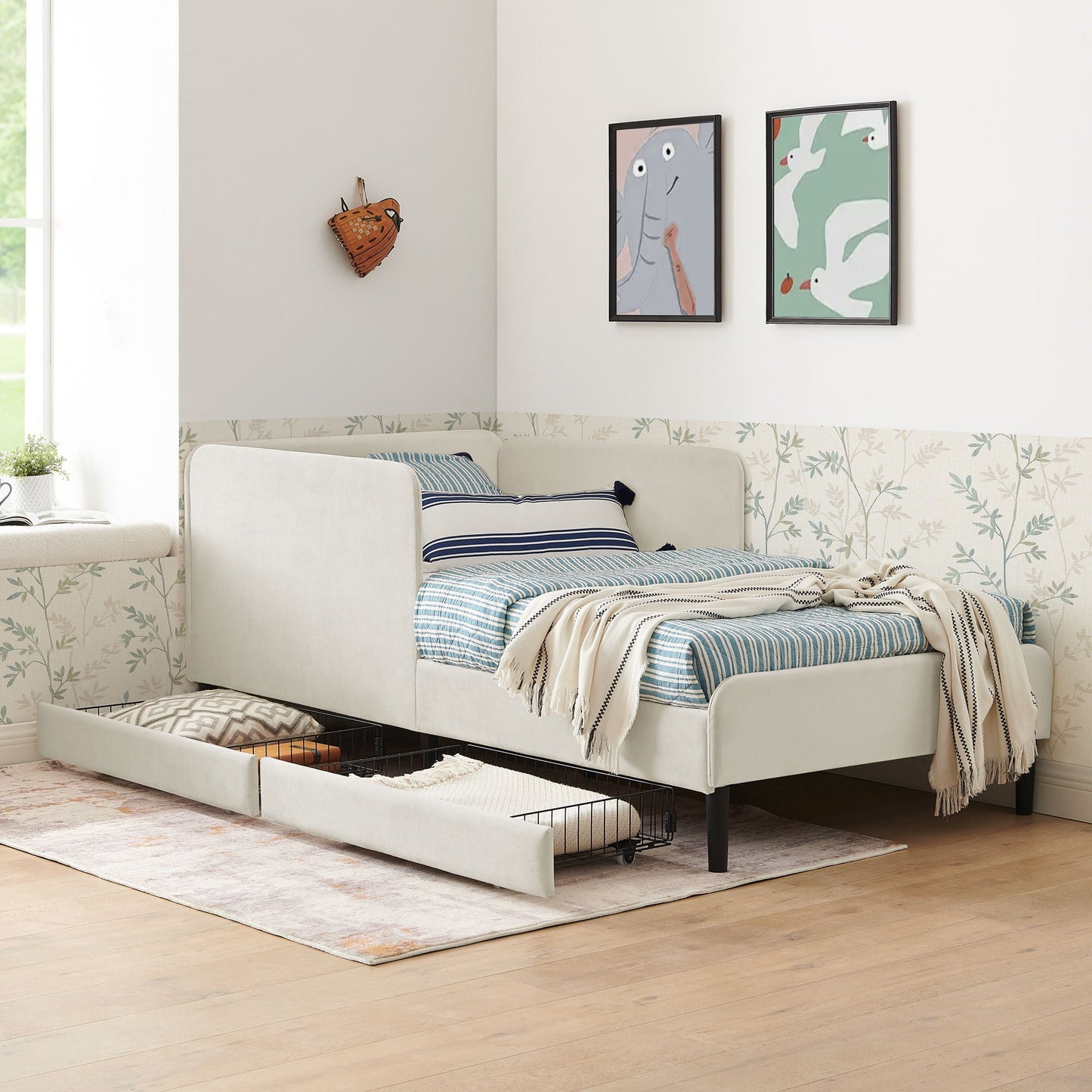 Upholstered Platform Sofa Bed with Drawers