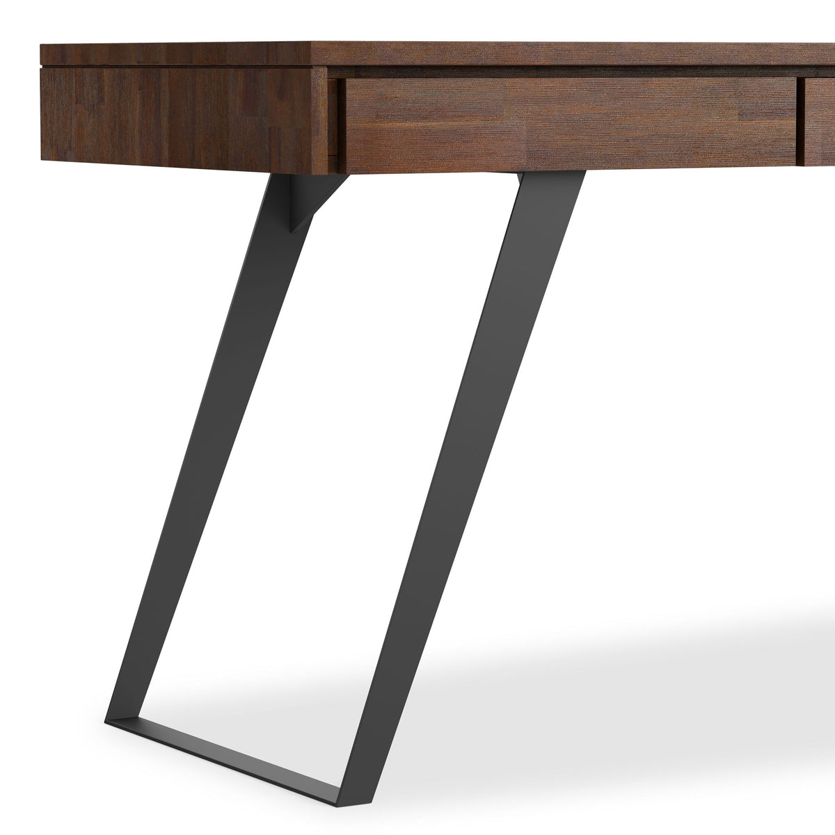 Handcrafted Acacia Desk with drawer storage dark wood finish angular metal legs on Tampa Home & Garden Store
