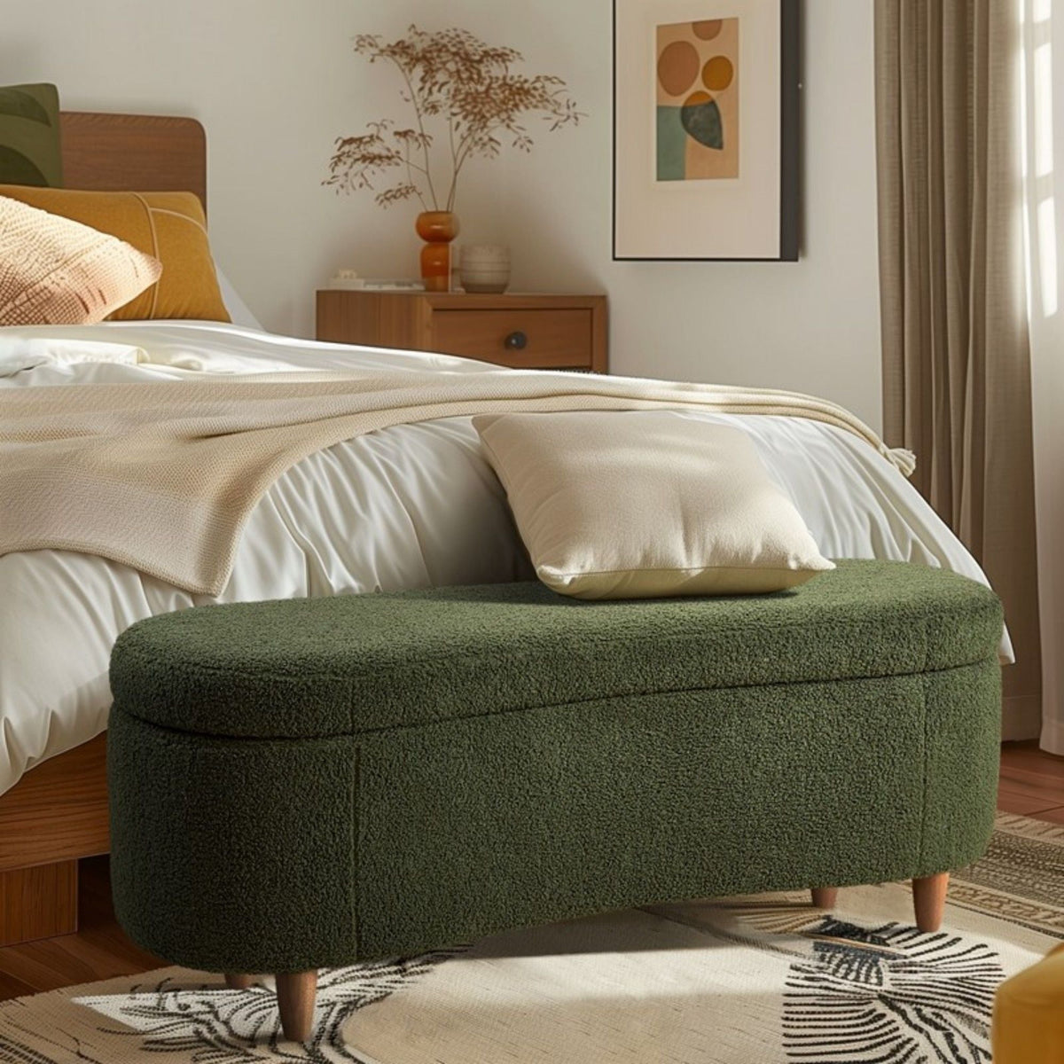 Flip-top storage bench in dark green textured fabric with tapered wooden legs in a bedroom on Tampa Home & Garden Store