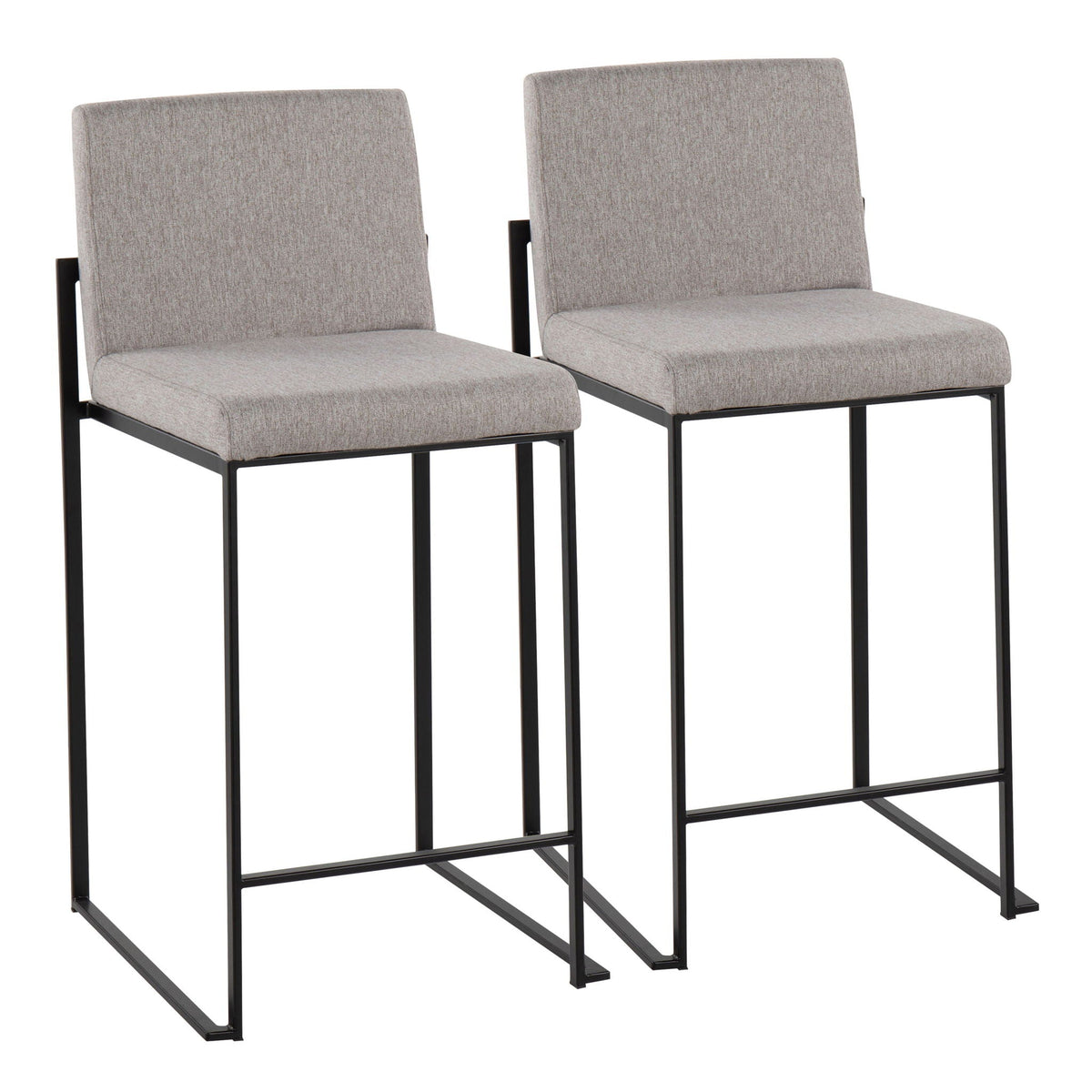 Fuji high back counter stools, pair in beige-gray fabric with black metal frames on Tampa Home & Garden Store