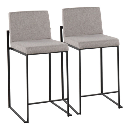 Fuji high back counter stools, pair in beige-gray fabric with black metal frames on Tampa Home & Garden Store