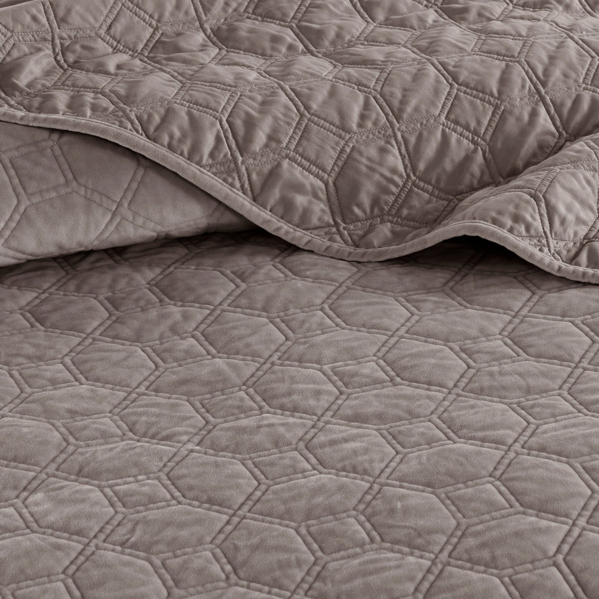 3 Piece Velvet Quilt Set Taupe Full/Queen by HouseOfZazla with quilted geometric pattern on Tampa Home & Garden Store