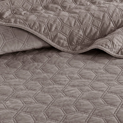 3 Piece Velvet Quilt Set Taupe Full/Queen by HouseOfZazla with quilted geometric pattern on Tampa Home & Garden Store