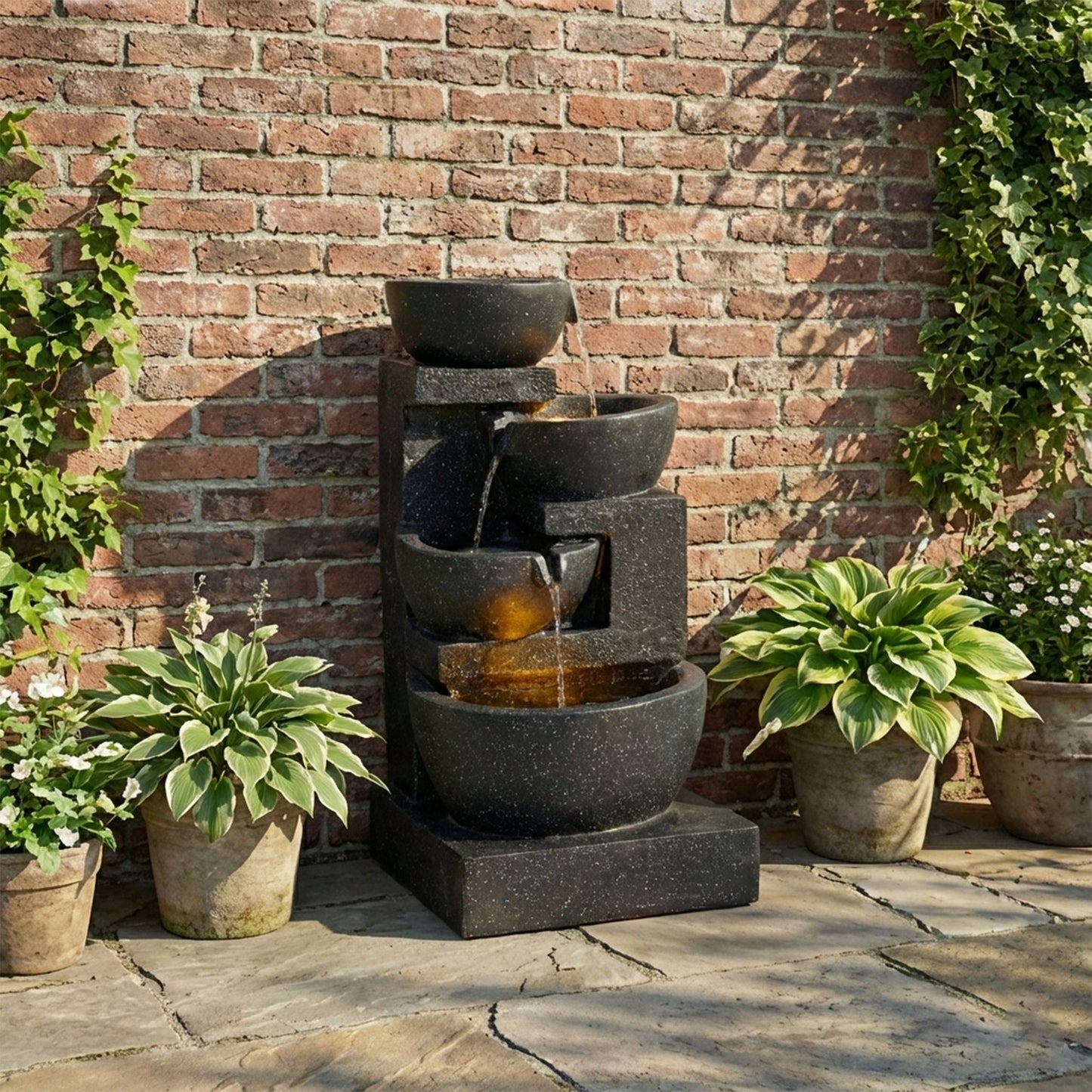 29-Inch terrazzo style LED water fountain with stacked dark bowls on a stone pedestal by HouseOfZazla for outdoor or indoor use on Tampa Home & Garden Store