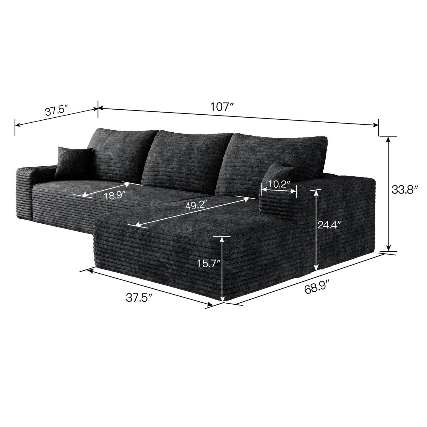 107-inch Cloud Sectional Couch with L-shaped Chaise in charcoal fabric by HouseOfZazla on Tampa Home & Garden Store