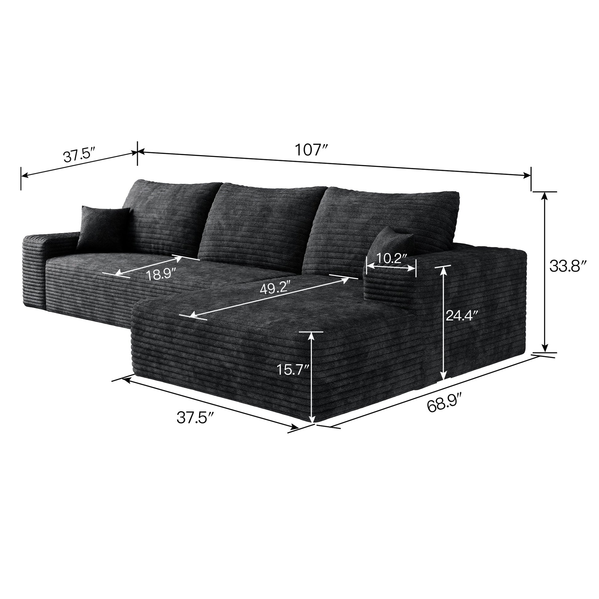 107-inch Cloud Sectional Couch with L-shaped Chaise in charcoal fabric by HouseOfZazla on Tampa Home & Garden Store