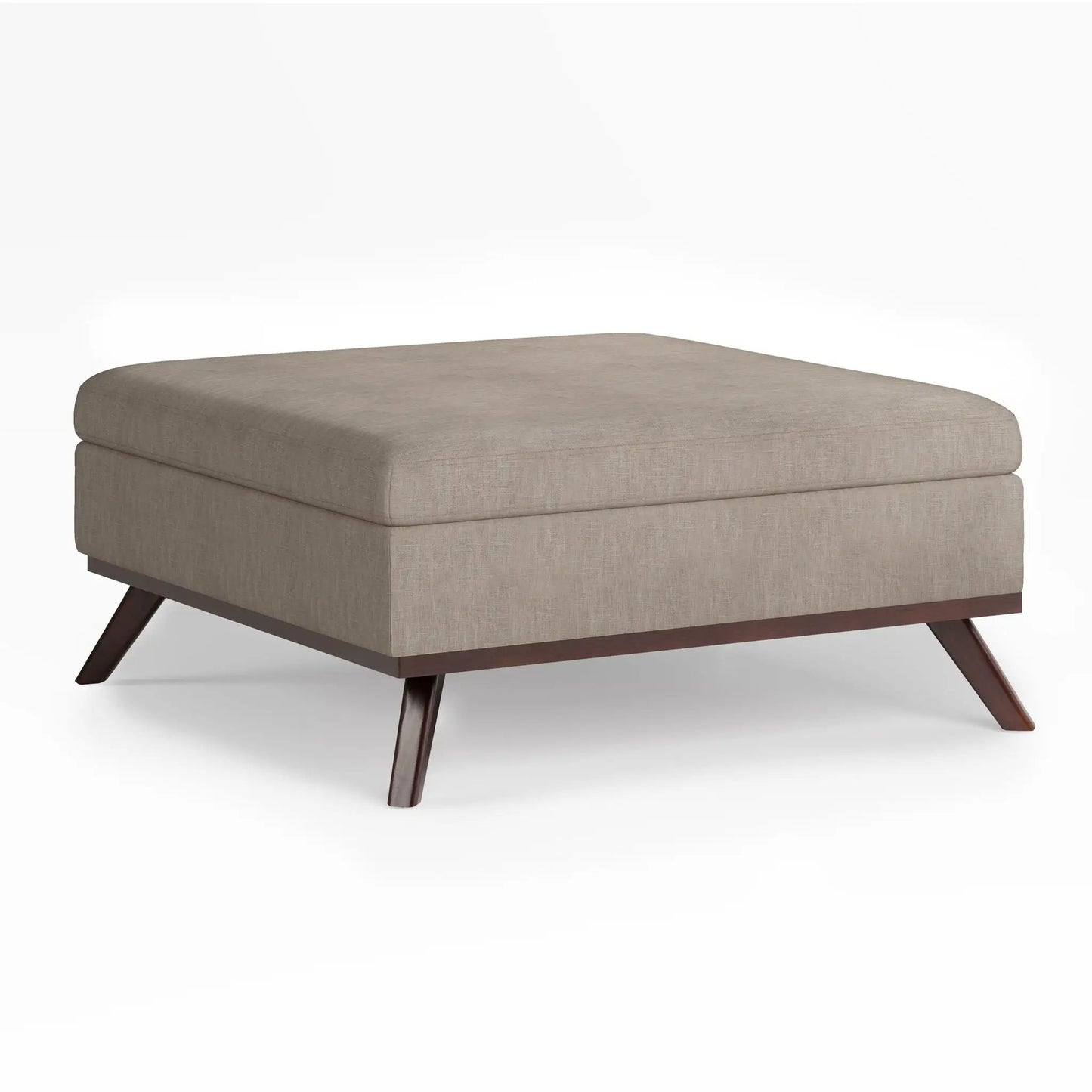 Owen multifunctional square storage ottoman in beige linen fabric with dark wood legs on Tampa Home & Garden Store
