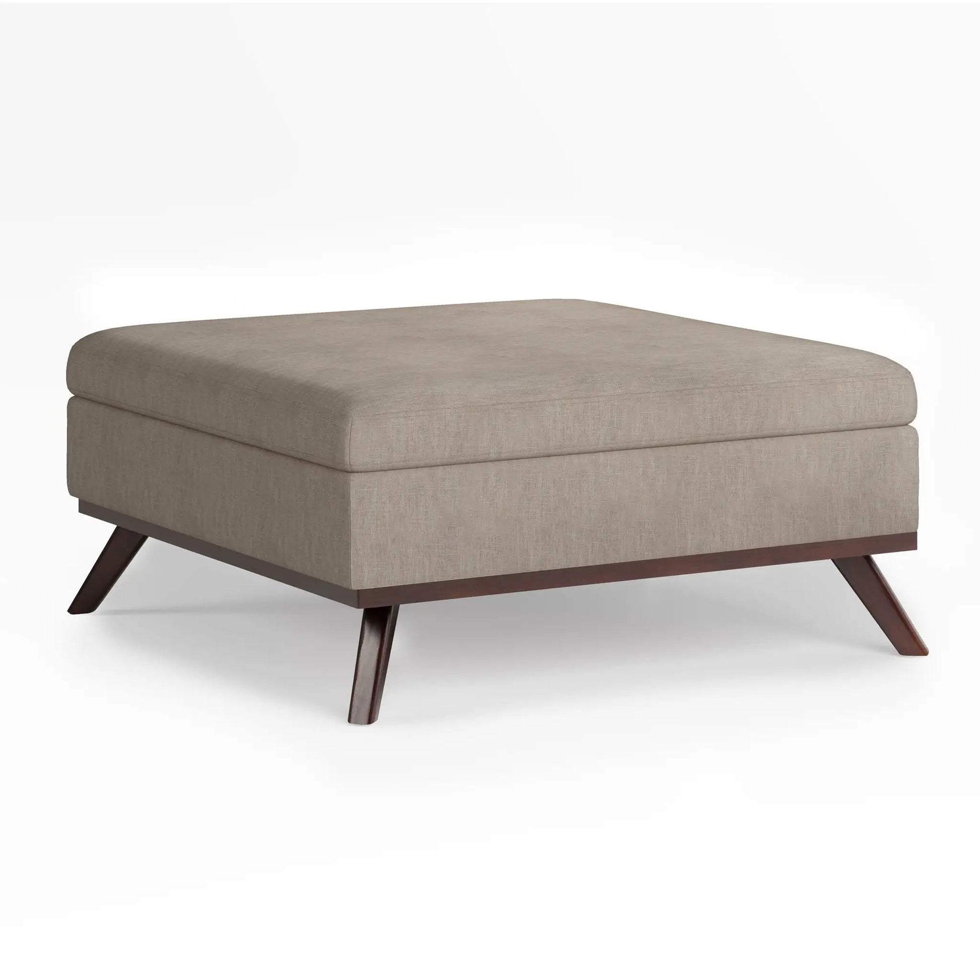 Owen multifunctional square storage ottoman in beige linen fabric with dark wood legs on Tampa Home & Garden Store