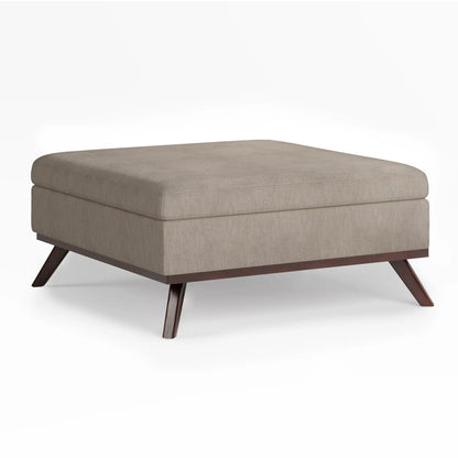 Owen multifunctional square storage ottoman in beige linen fabric with dark wood legs on Tampa Home & Garden Store